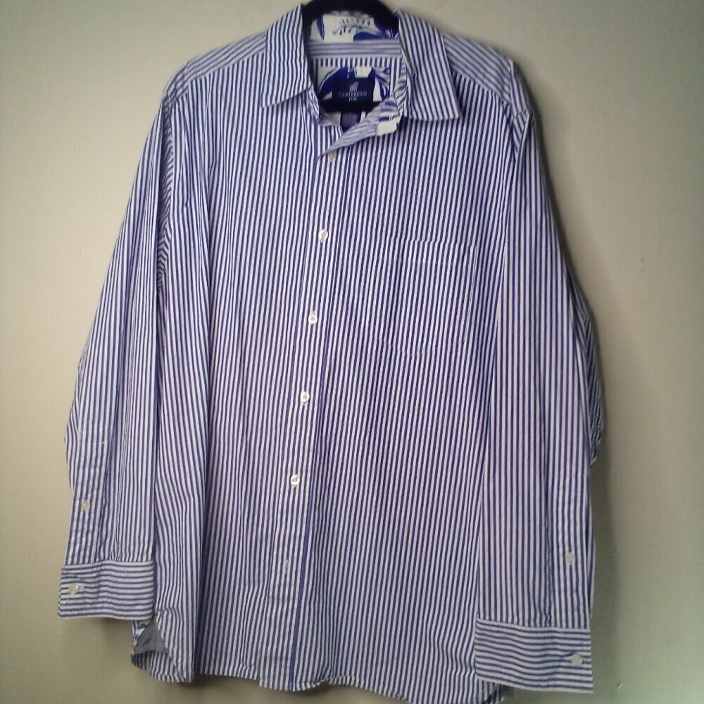 Caribbean Joe Shirt Men XL Button Up Long Sleeve Nautical Stripe Blue White